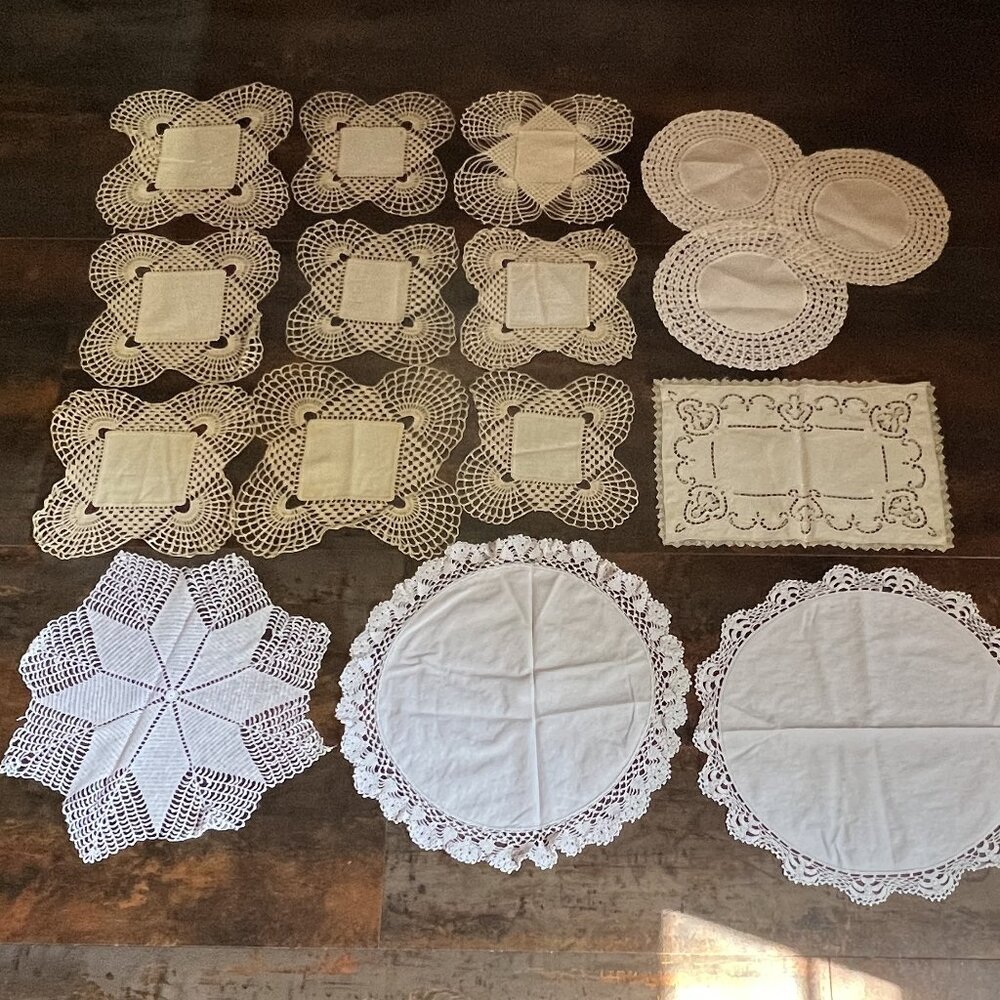 16 Count Vintage White and Ecru Lace Doilies, Various Sizes and Shapes